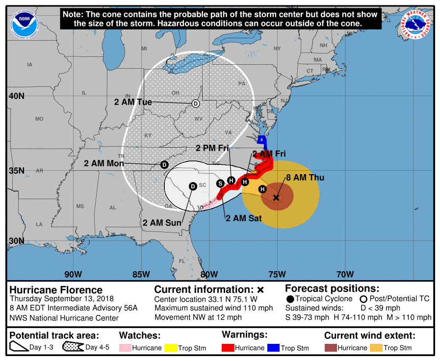 Hurricane Florence Path Cone 09.13.18 8am
